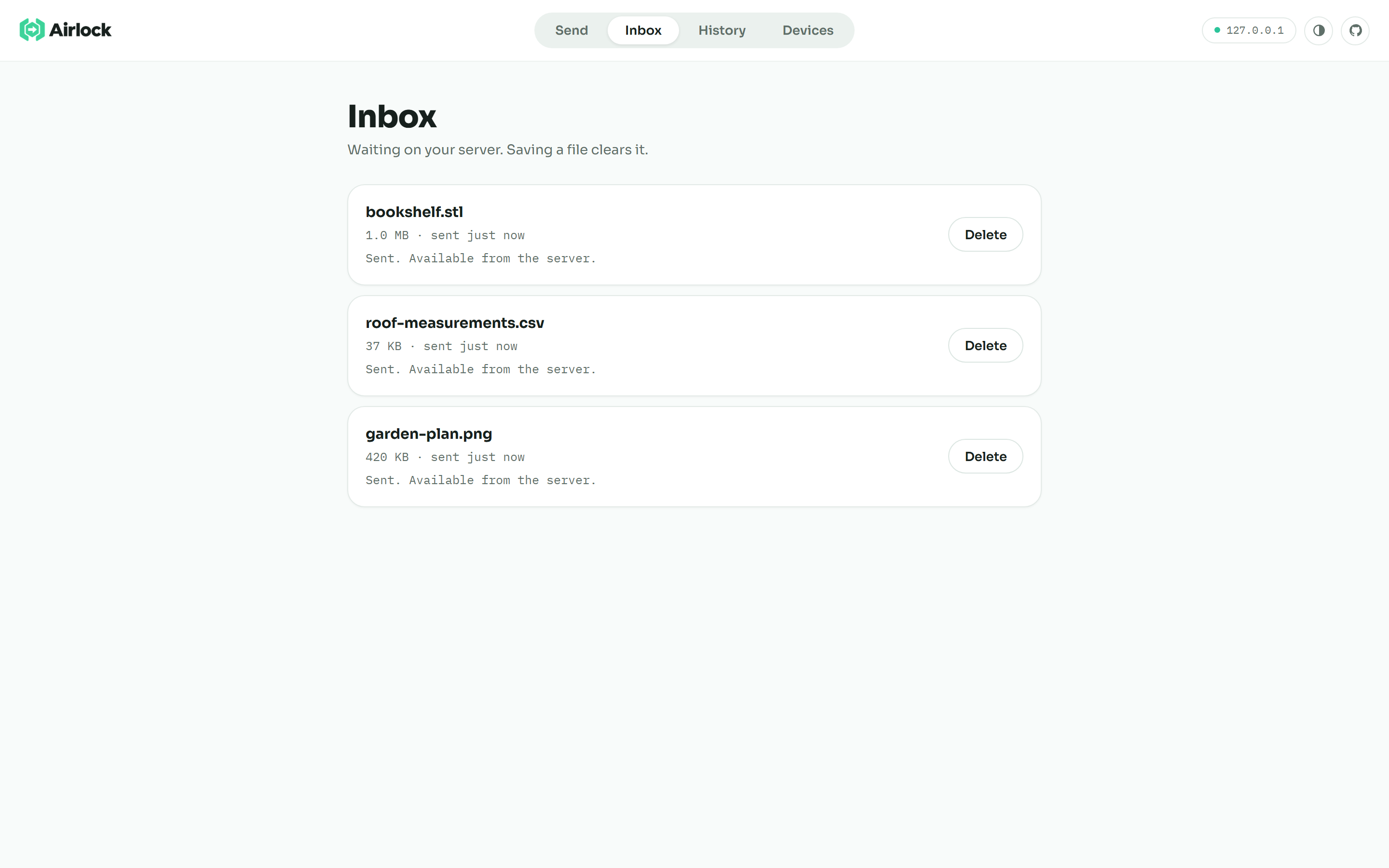 Airlock inbox listing received files with their size, arrival time, and actions to save or decline each file