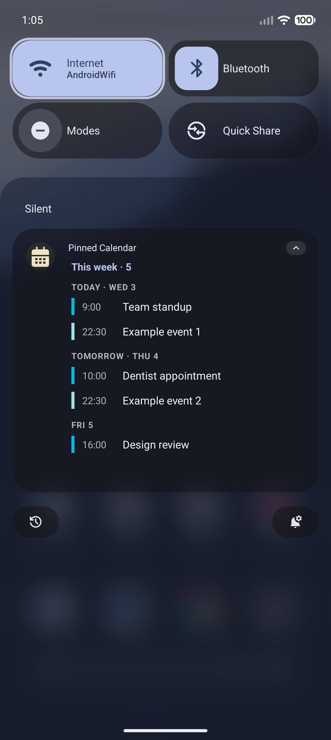 The same pinned agenda notification in dark mode, with the week of events and times on a dark notification shade