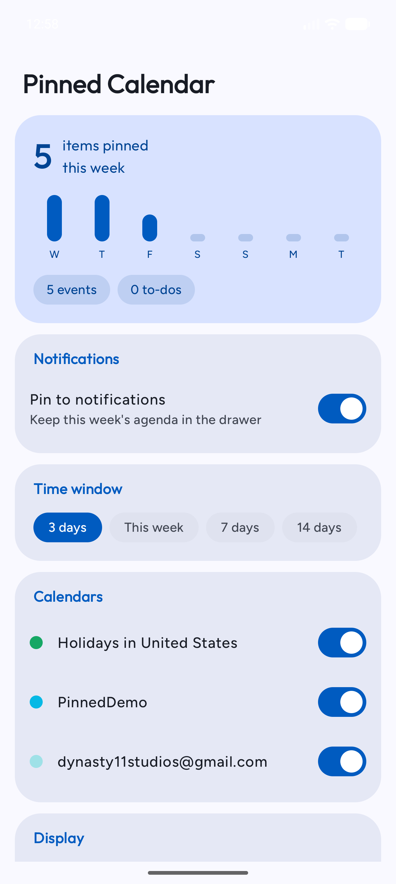 The Pinned Calendar settings tab with Material You cards for notifications, time window, and calendars