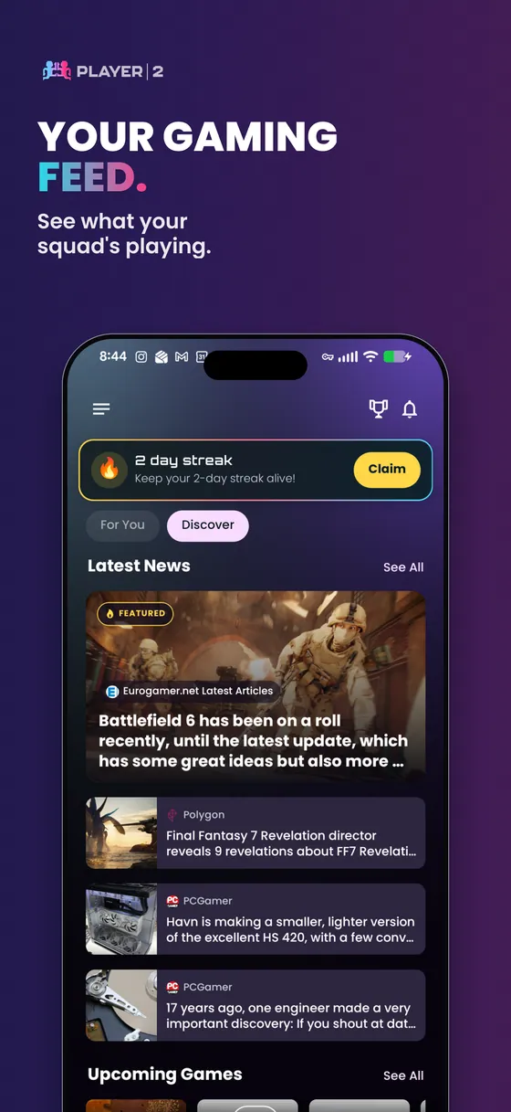 Player 2 GameHub personalized social feed