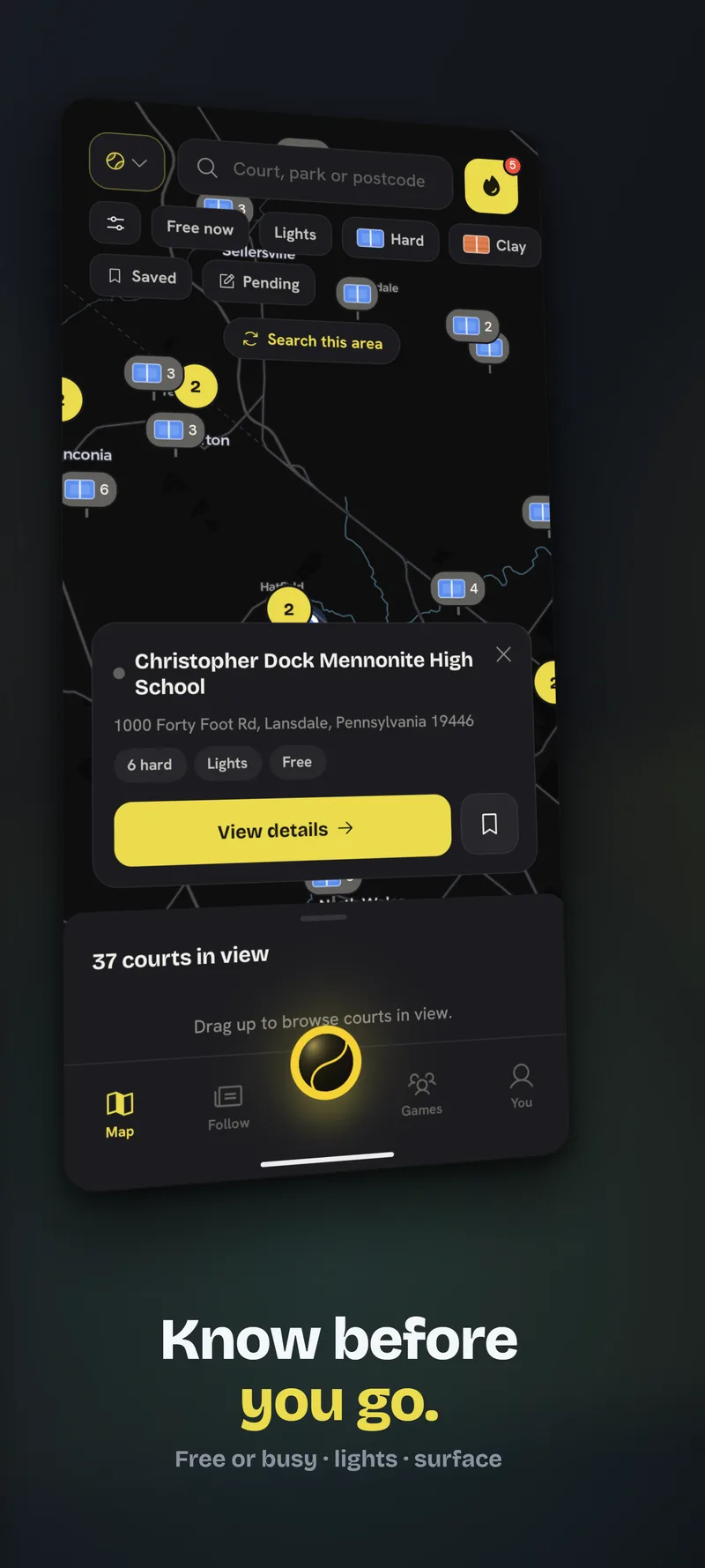Rally showing a tapped court's live card with its address, court count, lights, and free-or-busy status, so you know before you go