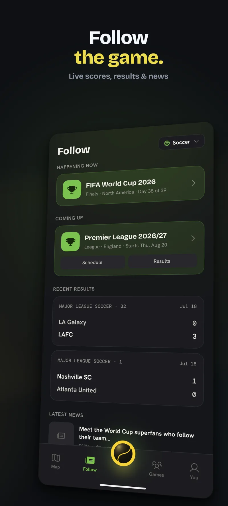 Rally's Follow tab showing a happening-now tournament, an upcoming league with schedule and results, recent match scores, and the latest headlines