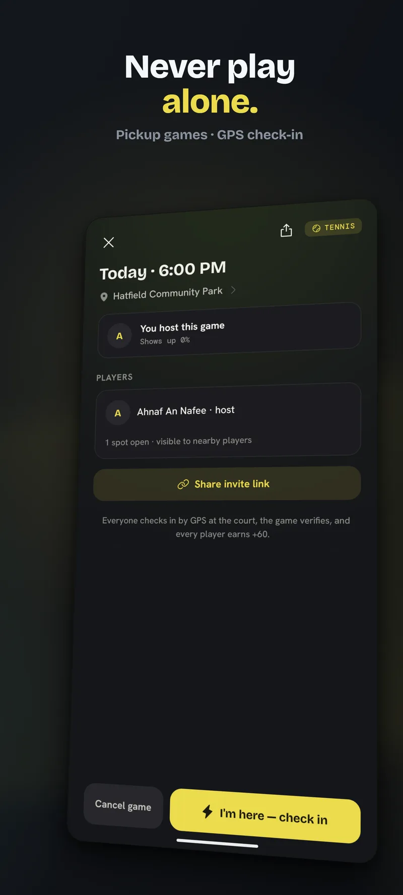 Rally's pickup-game screen with an open slot, a share invite link, and a GPS check-in button, where the game verifies attendance and every player earns points