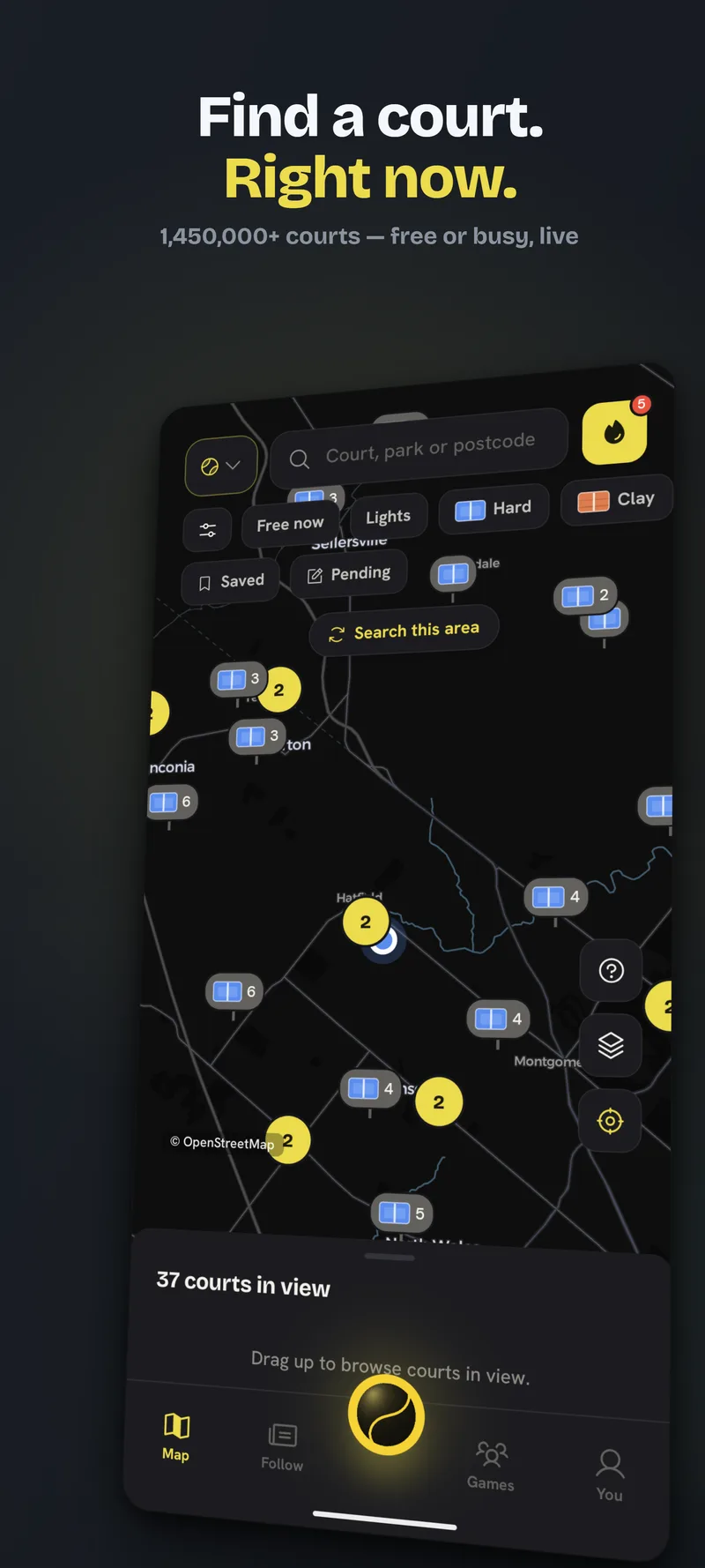 Rally's court map showing court markers with open-court counts across the area, a sport selector, and filter chips for Free now, lights, and surface