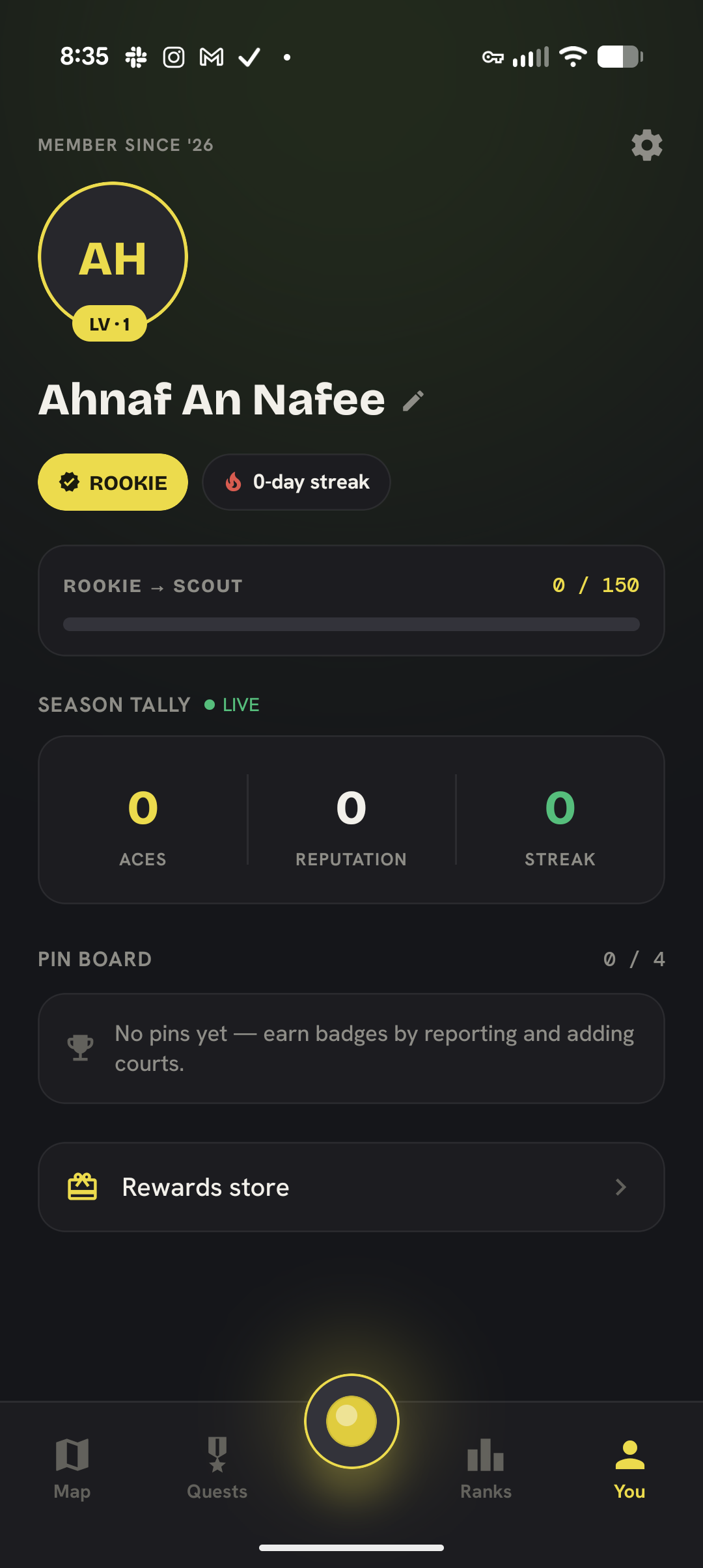 Rally's profile screen showing rank progress from Rookie to Scout, a live season tally of Aces and reputation, a badge pin board, and the rewards store entry