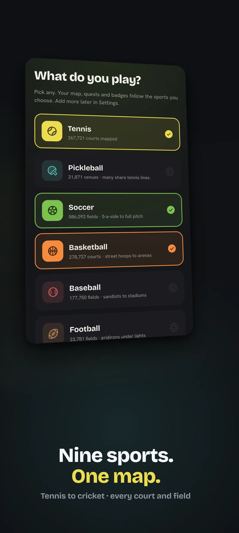 Rally's sport picker asking what you play, listing tennis, pickleball, soccer, basketball, baseball, and football with the number of courts and fields mapped for each