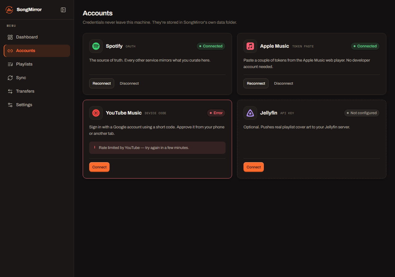 The SongMirror Accounts page connecting Spotify with OAuth, Apple Music with a token paste, YouTube Music with a device code, and Jellyfin with an API key