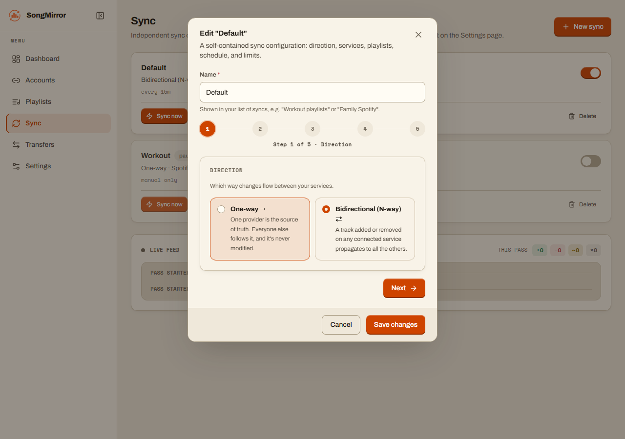 The SongMirror sync setup wizard choosing between a one-way source-of-truth direction and a bidirectional N-way sync