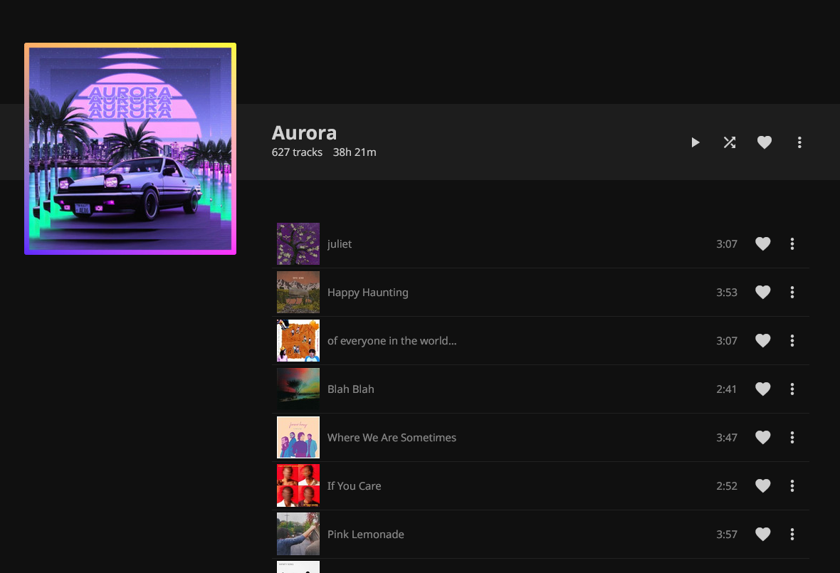 A curated Spotify playlist mirrored to another music player, showing hundreds of synced tracks with cover art